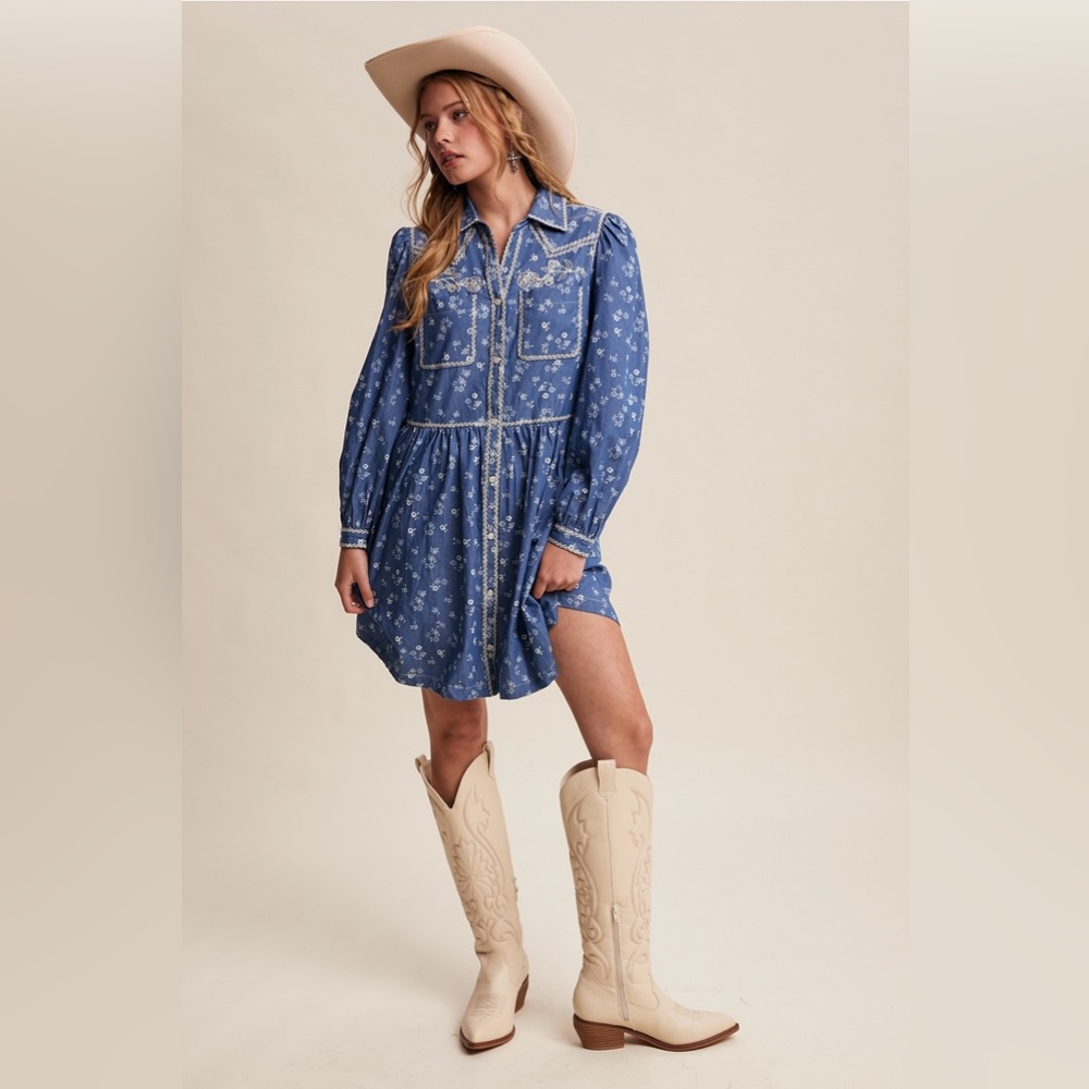 Embroidered Western Floral Shirt Dress | Dark Denim - Picture 12 of 12